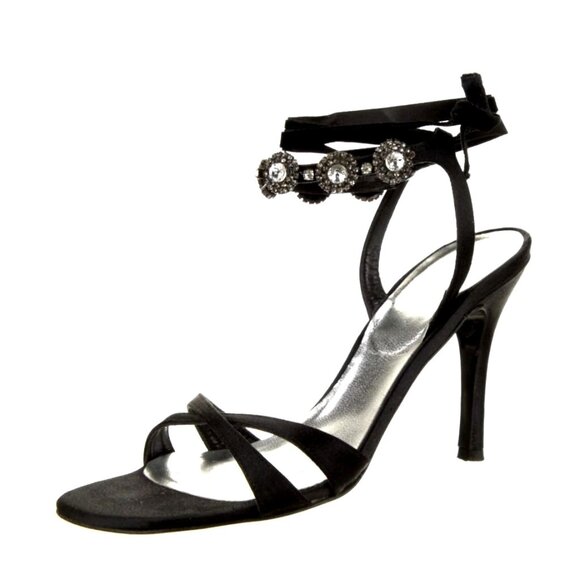 Stuart Weitzman 8 Suede CRYSTAL Sandals Ankle Tie Strappy Stiletto Heels Black - Picture 2 of 9